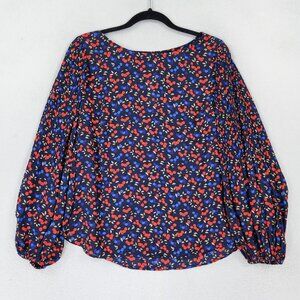 Ann Taylor Shirt Womens Small Blue Red Long Pleated Balloon Sleeve Blouse NEW